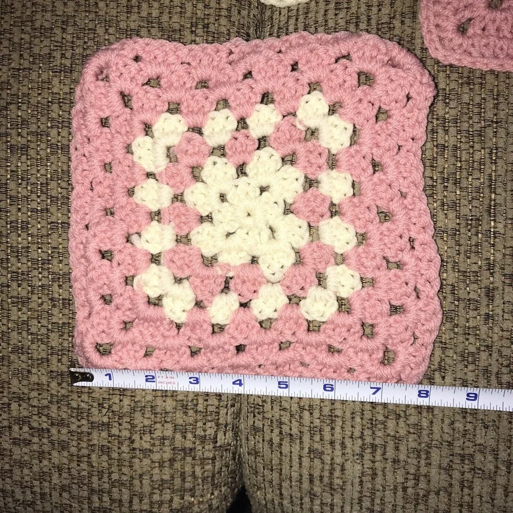 9 Granny‎ Squares Blocks Crochet Pink Cream Color Lot Afghans Bags Hat for Throw